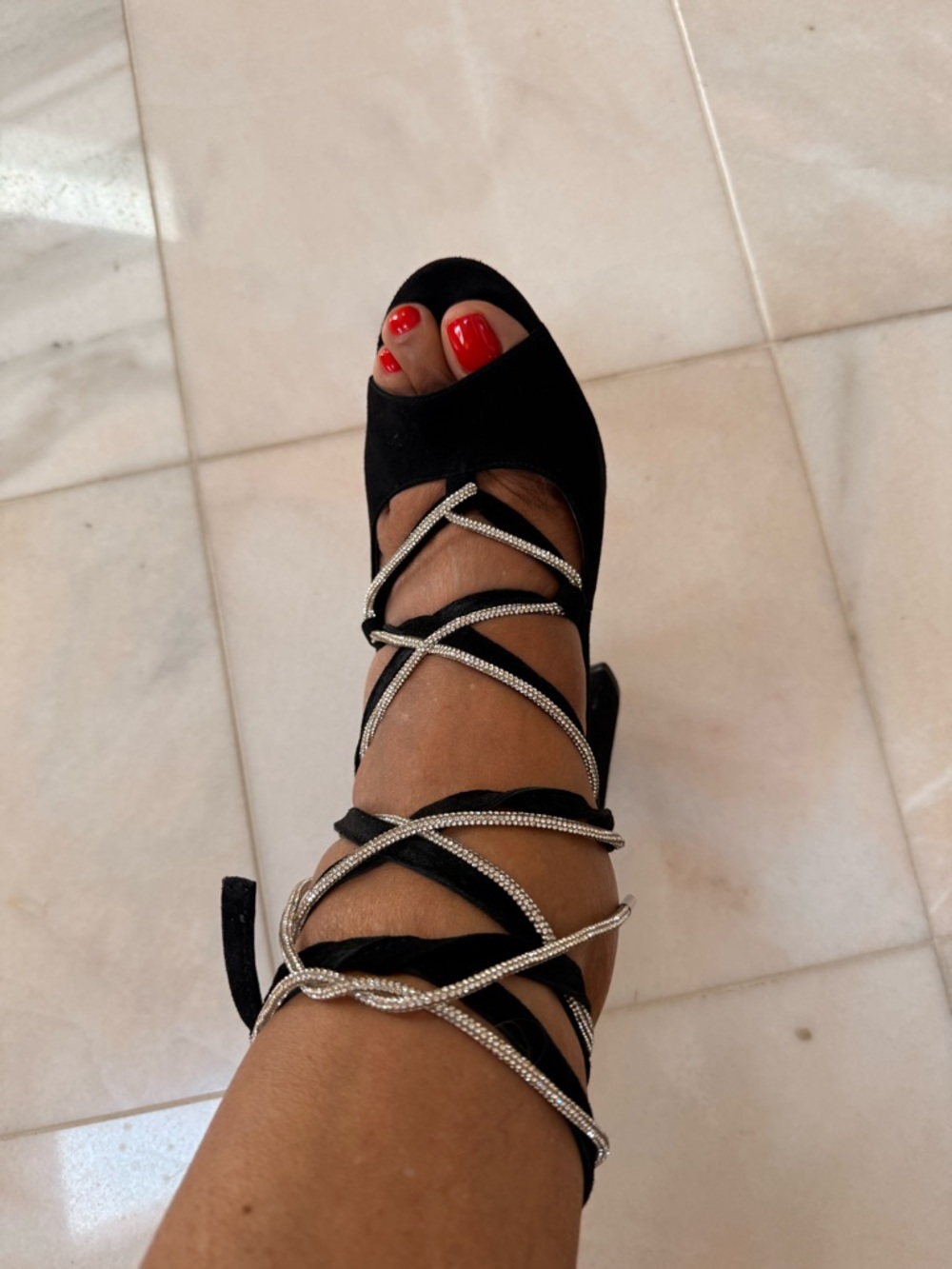 Vince Camuto Black Lace-Up High Heel Sandals with Rhinestone Crystal Straps